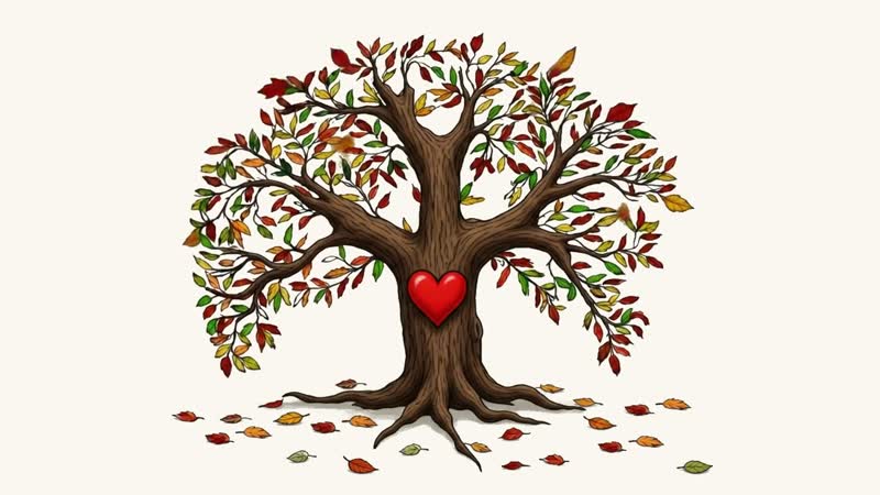 Hand drawn tree with autumn leaves and a red heart in the trunk, the Tuscola County Medical Care Community logo