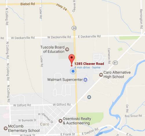 Map showing the community at 1285 Cleaver Road in Caro, southeast of downtown